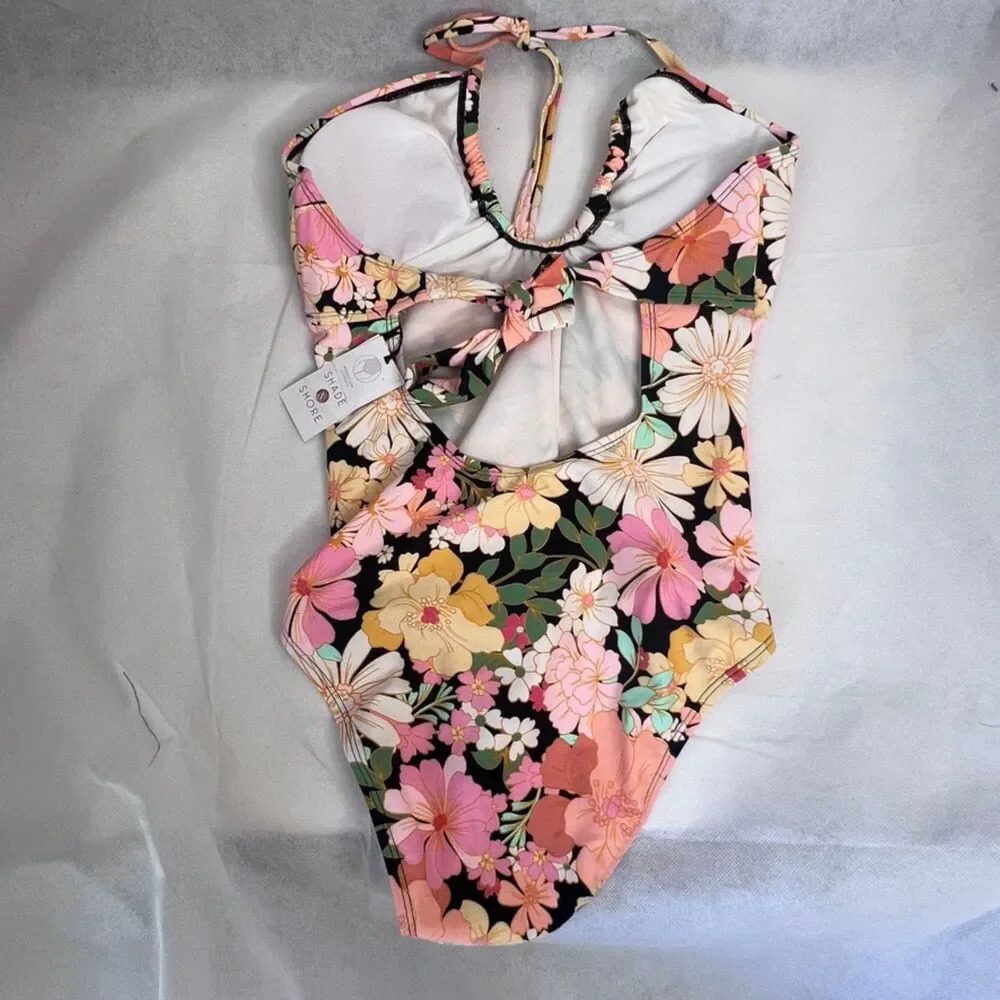 Shade‎ & Shore NWT One Piece Floral Swimsuit Tie Neck & Back Size S(4-6) - Picture 2 of 13
